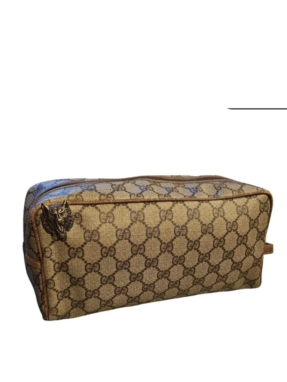 GUCCI GG SUPREME  WOLF Beige Canvas Toiletry travel Bag Wristlet  AUTHENTIC